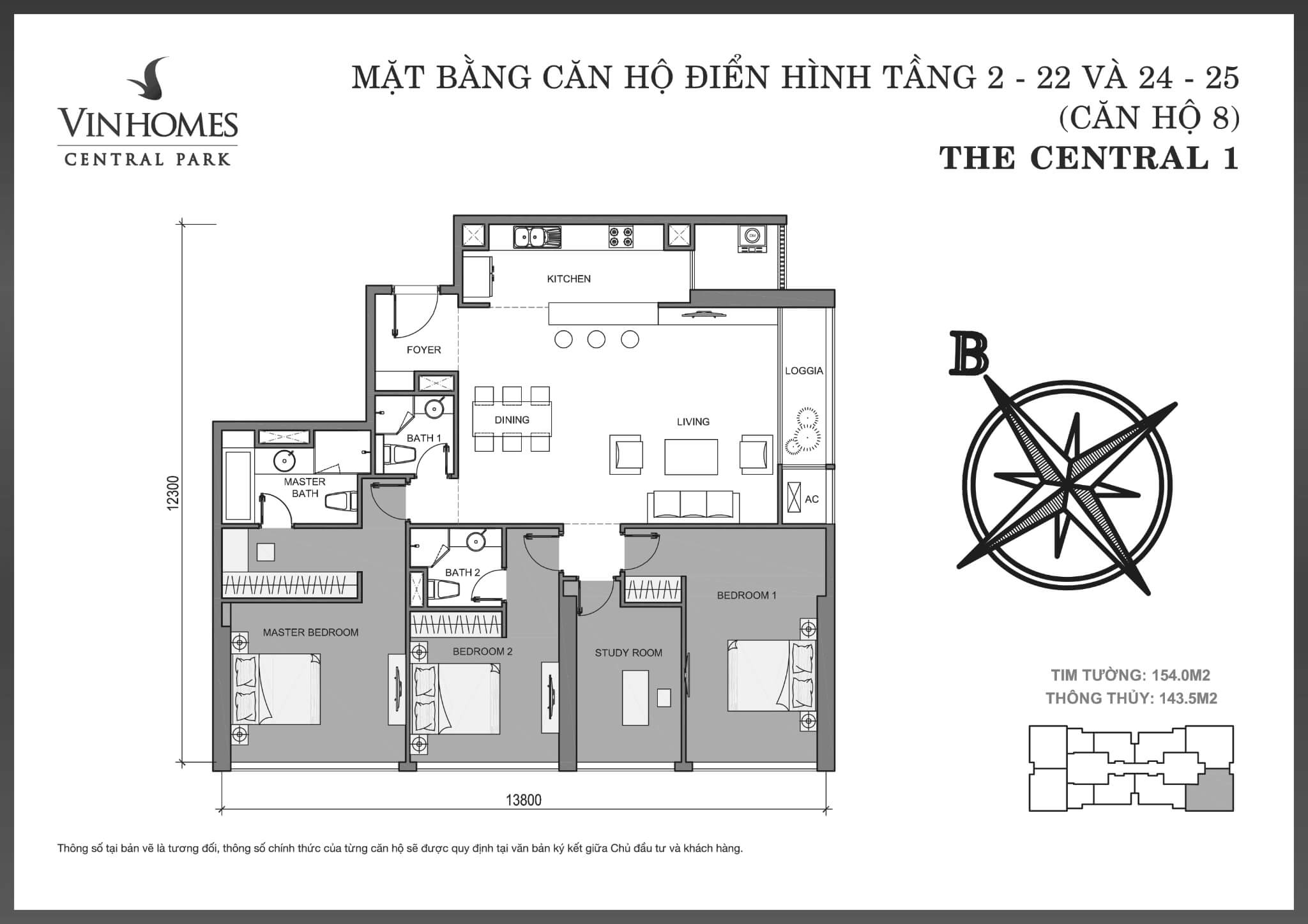 Layout C1-08 tầng 2-25 | Central 1 - Vinhomes Central Park