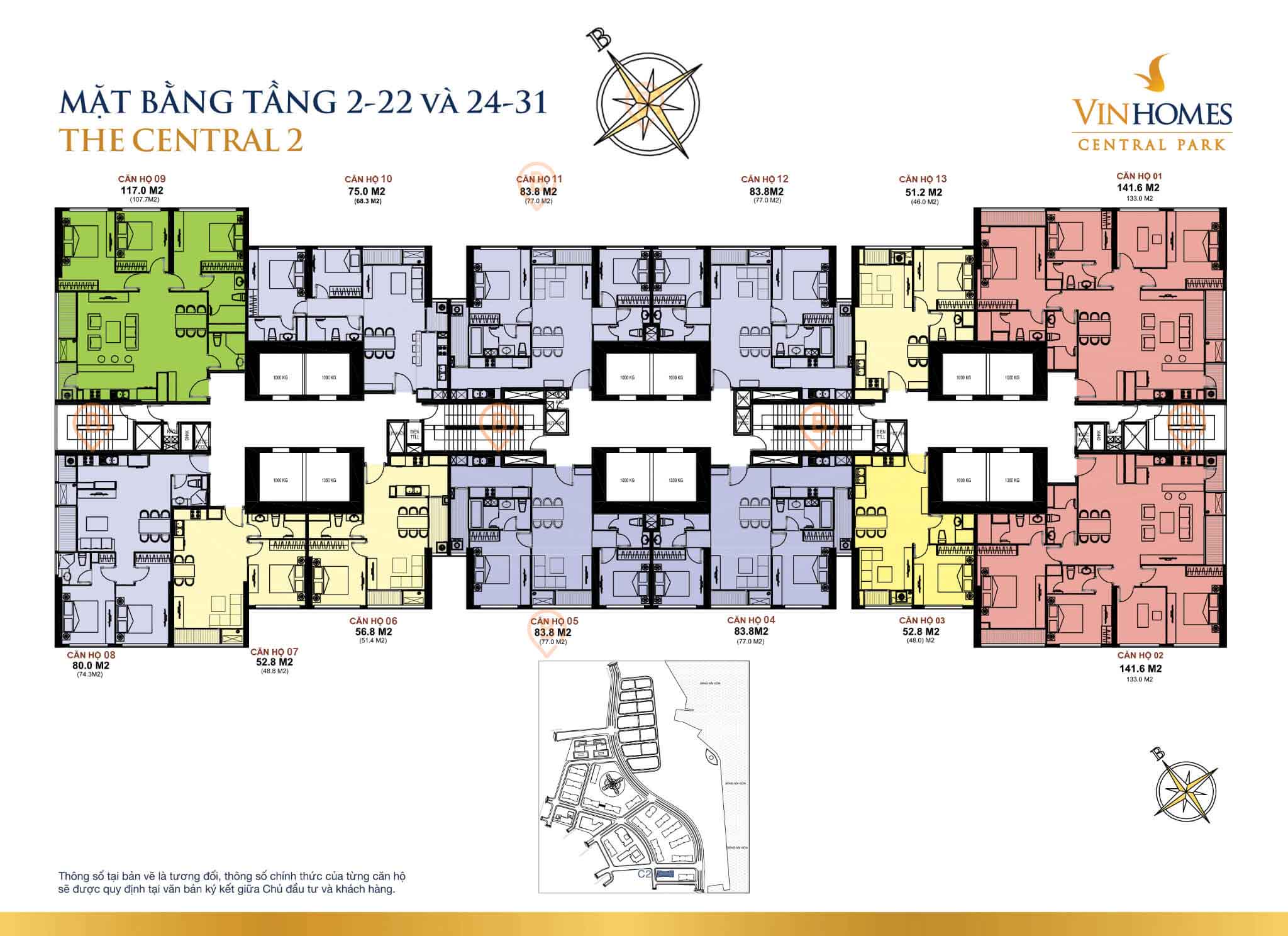 Mặt bằng layout tòa The Central 2 tầng 2-31 tại Vinhomes Central Park