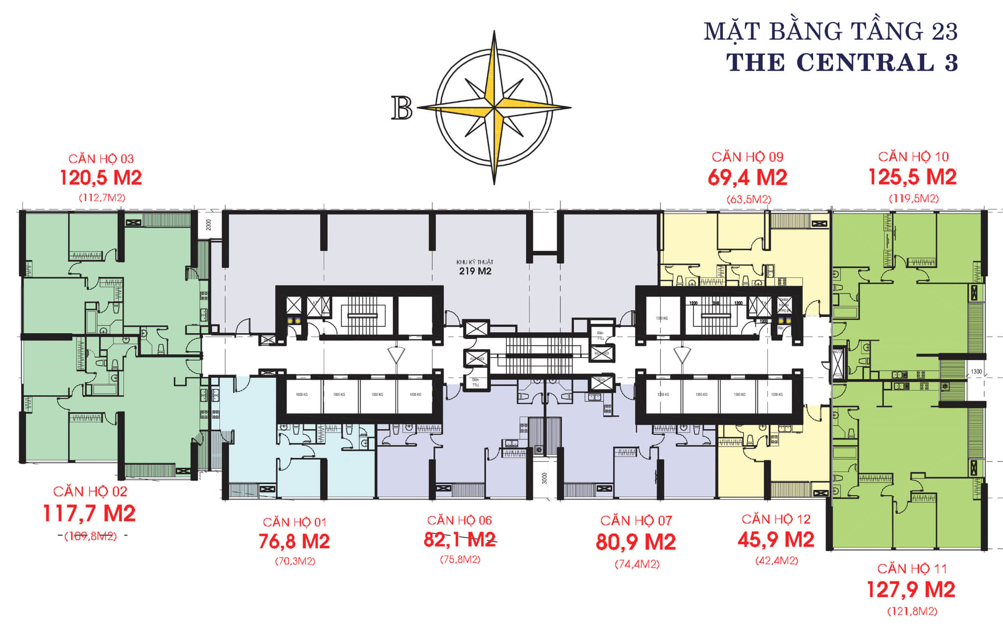 Mặt bằng layout tòa The Central 3 tầng 23 tại Vinhomes Central Park