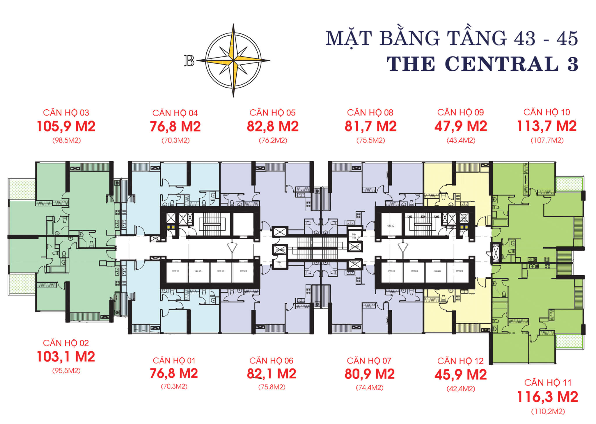 Mặt bằng layout tòa The Central 3 tầng 43-45 tại Vinhomes Central Park