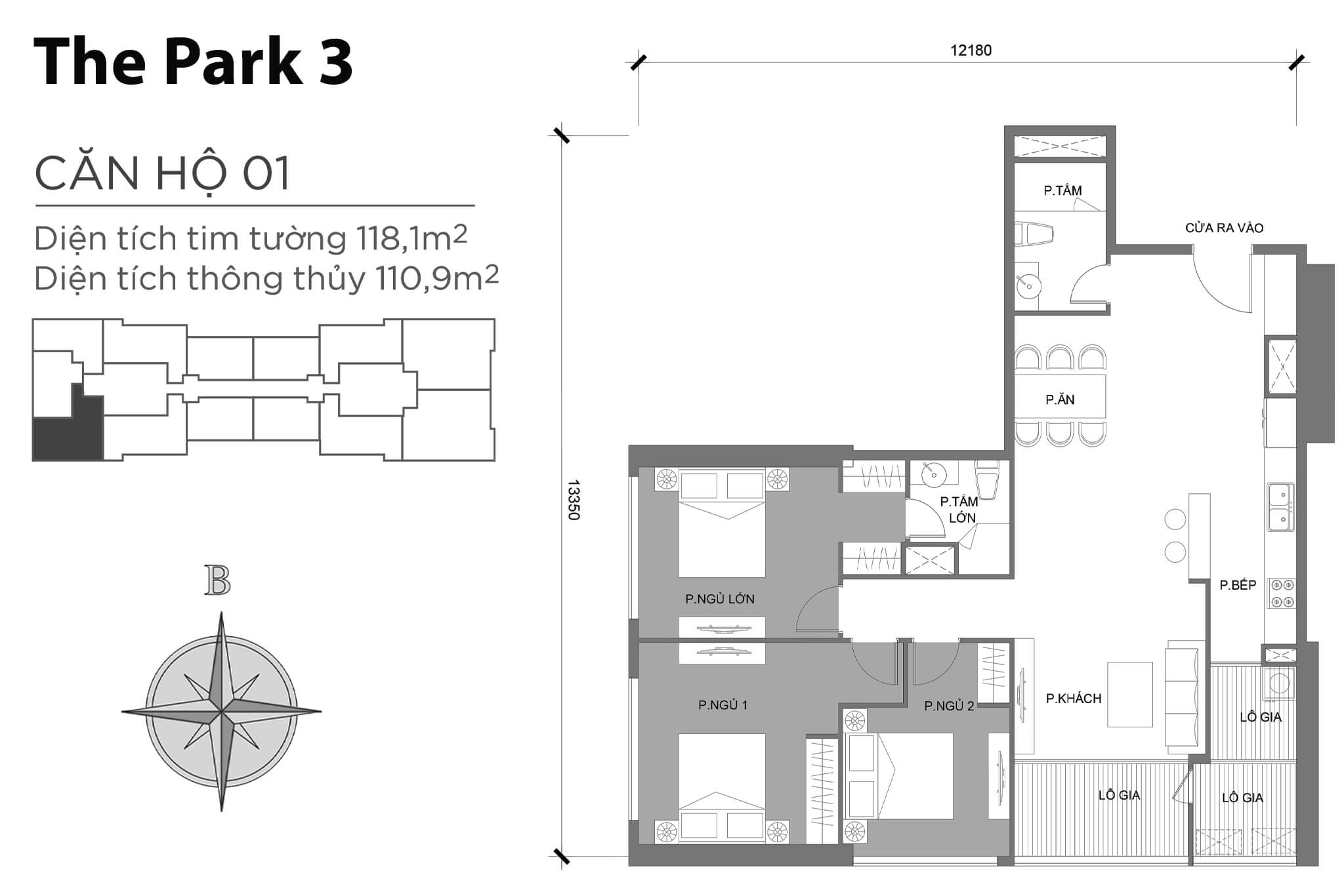 Layout căn hộ số 01 tòa The Park 3 - Mặt bằng Vinhomes Central Park