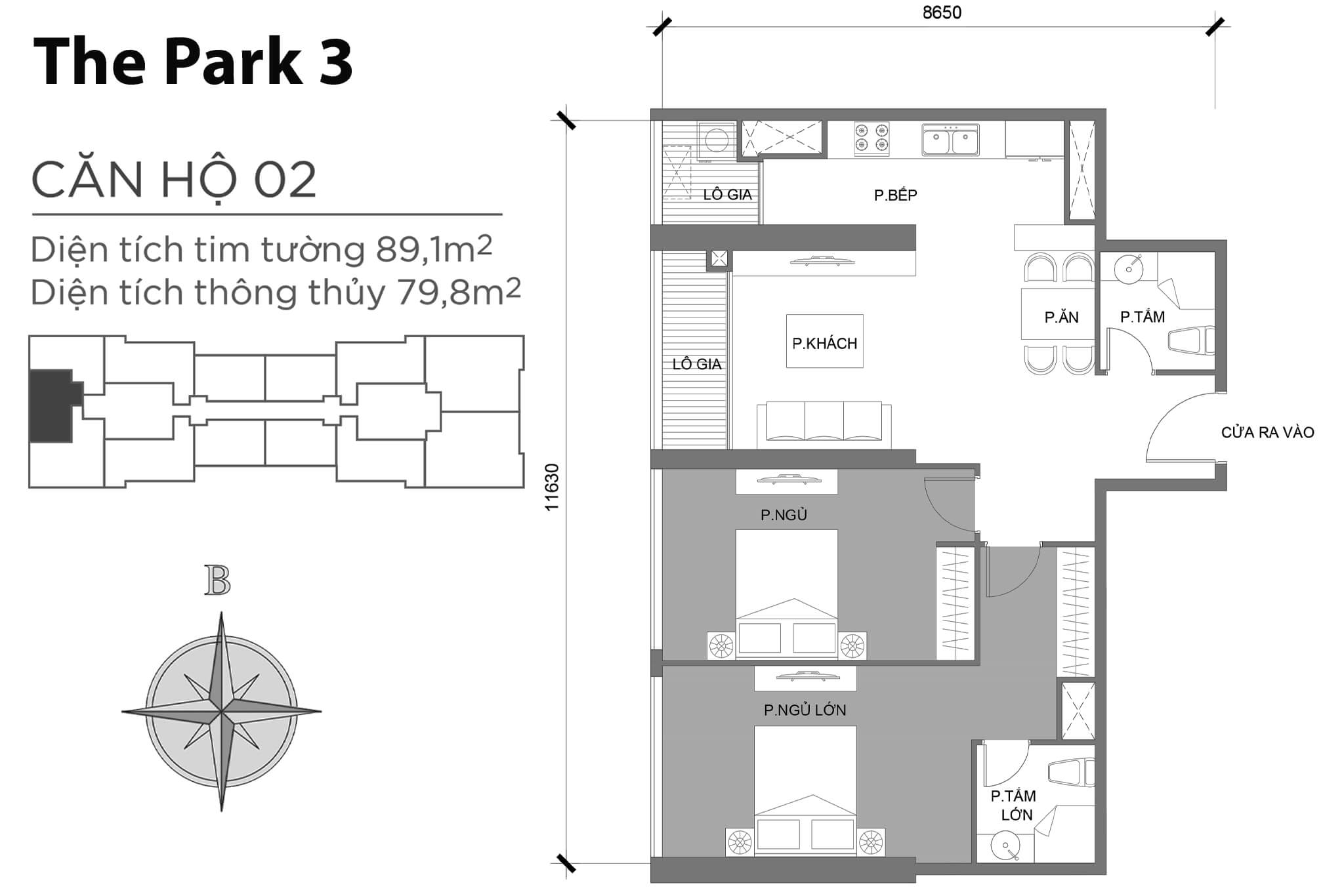 Layout căn hộ số 02 tòa The Park 3 - Mặt bằng Vinhomes Central Park