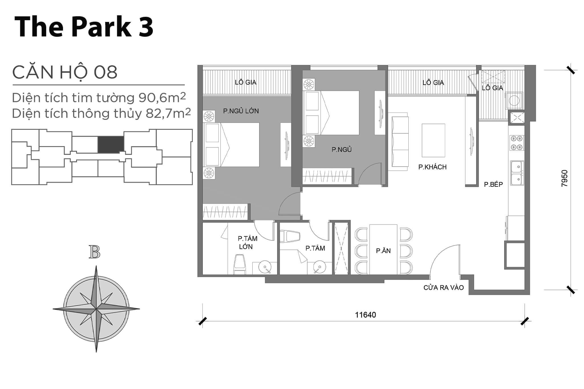 Layout căn hộ số 08 tòa The Park 3 - Mặt bằng Vinhomes Central Park