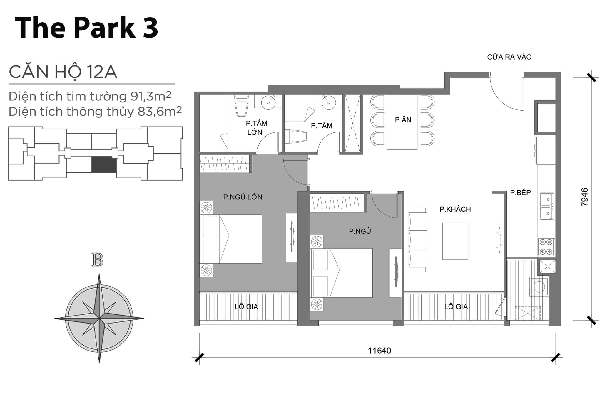 Layout căn hộ số 12A tòa The Park 3 - Mặt bằng Vinhomes Central Park