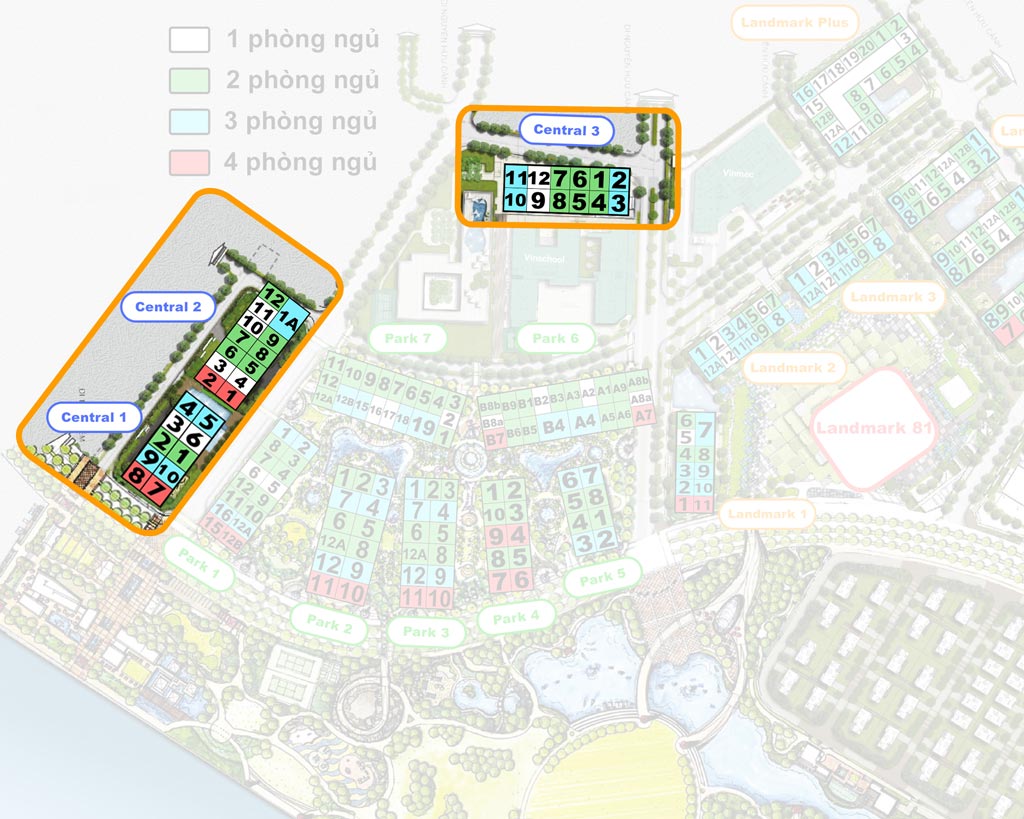 Phân khu The Central gồm 3 toà Central 1, Central 2, Central 3