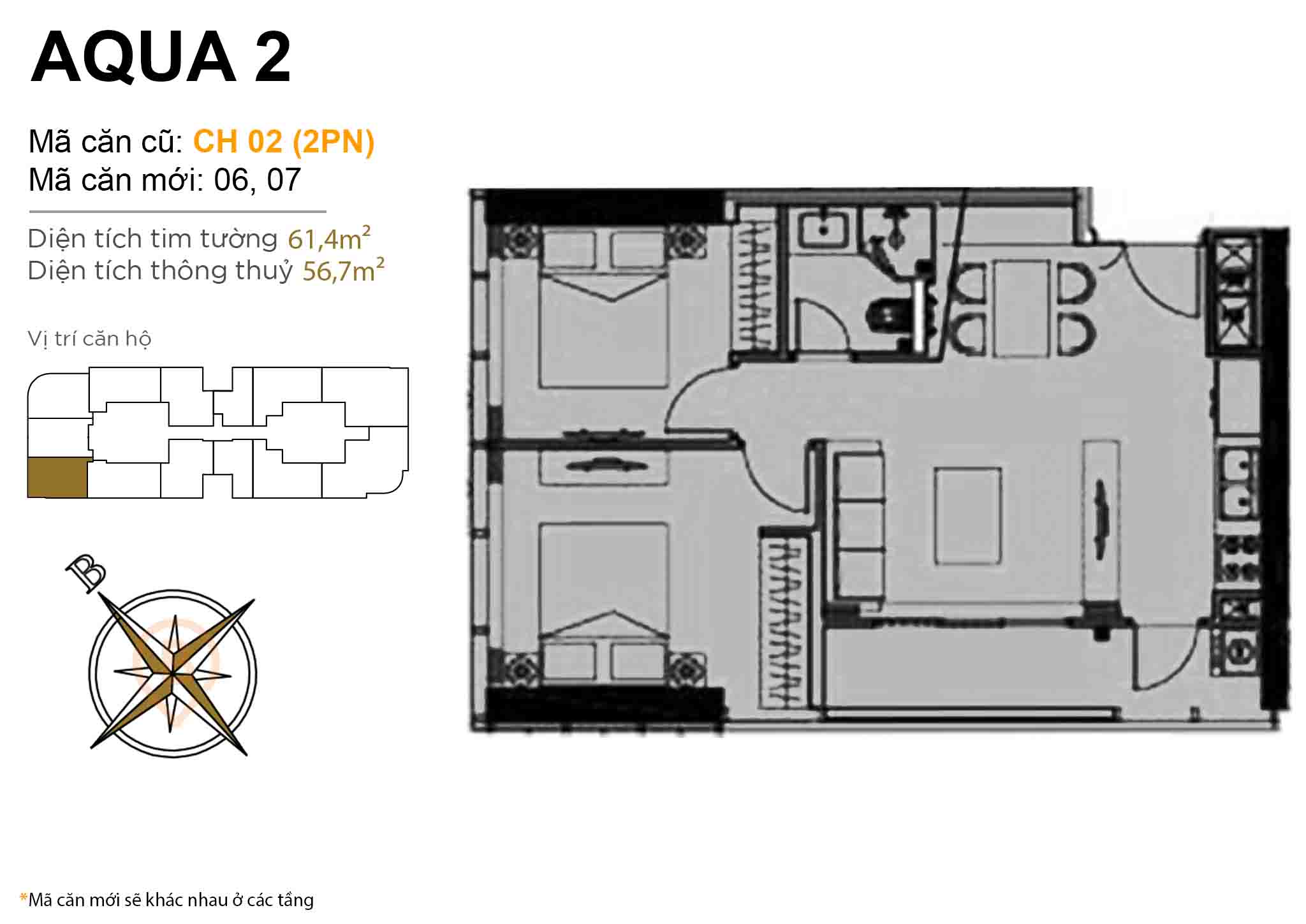 Layout CH 02 (2PN) | Tòa Aqua 2 - Vinhomes Golden River