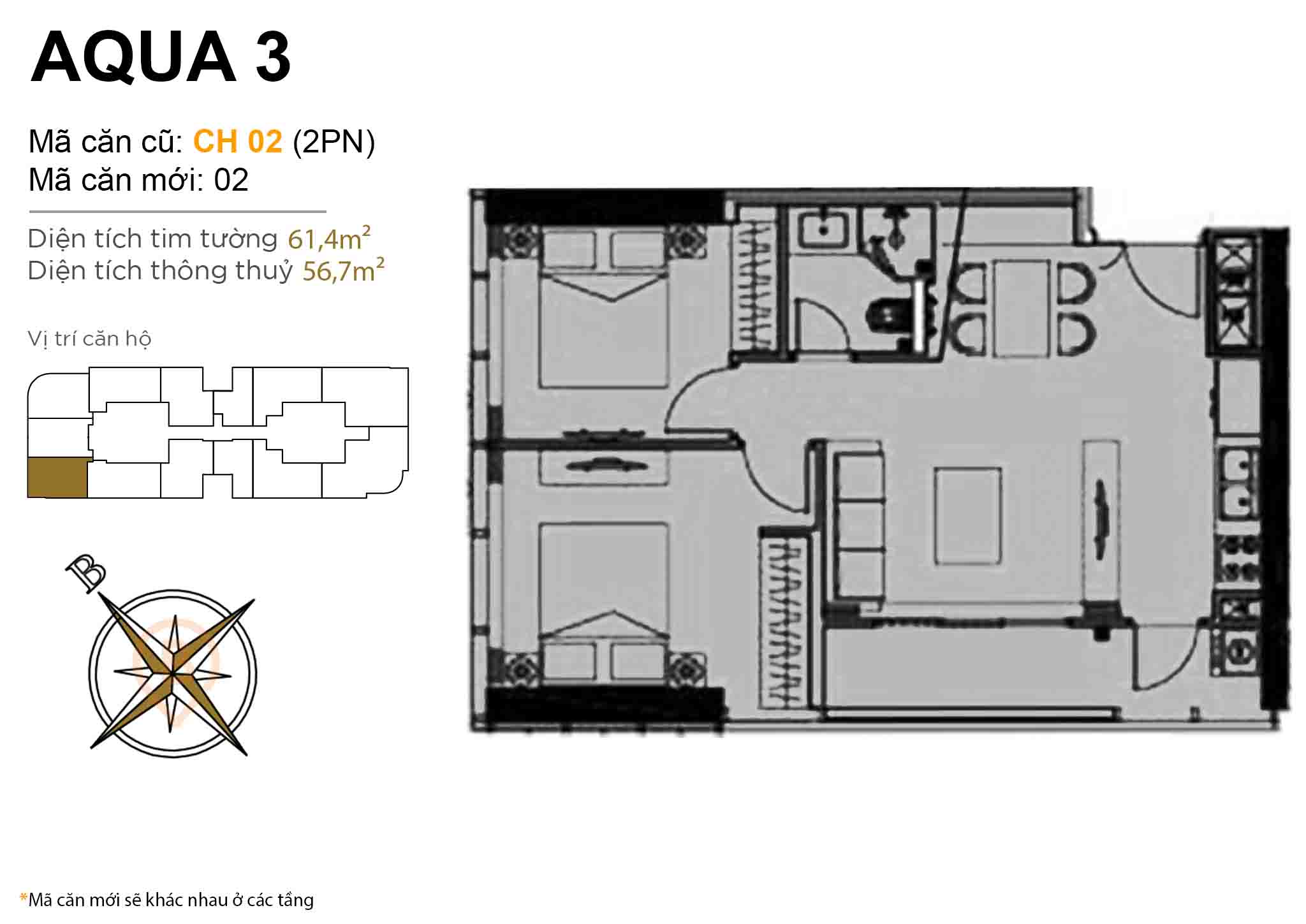 Layout CH 02 (2PN) | Tòa Aqua 3 - Vinhomes Golden River