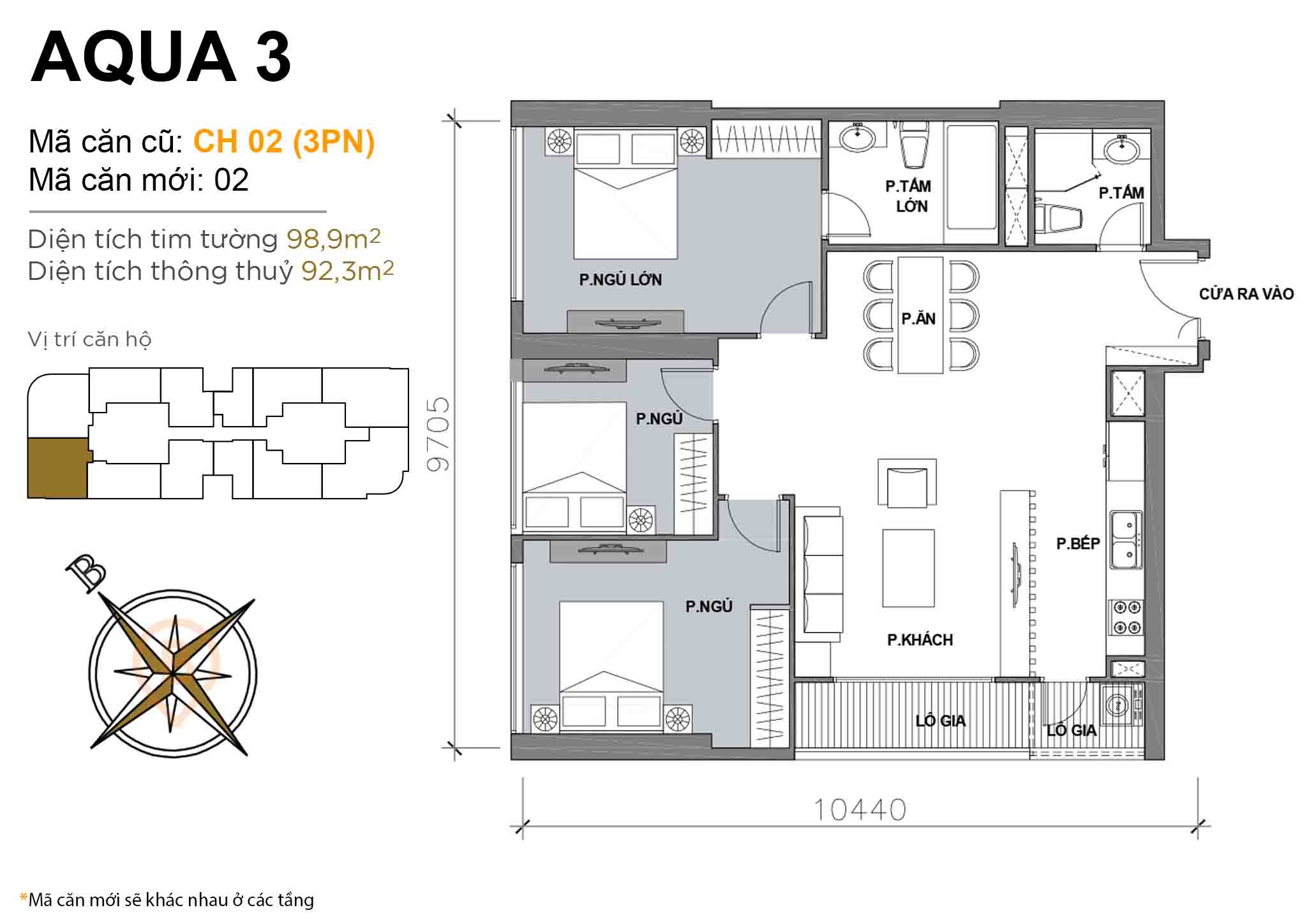 Layout CH 02 (3PN) | Tòa Aqua 3 - Vinhomes Golden River