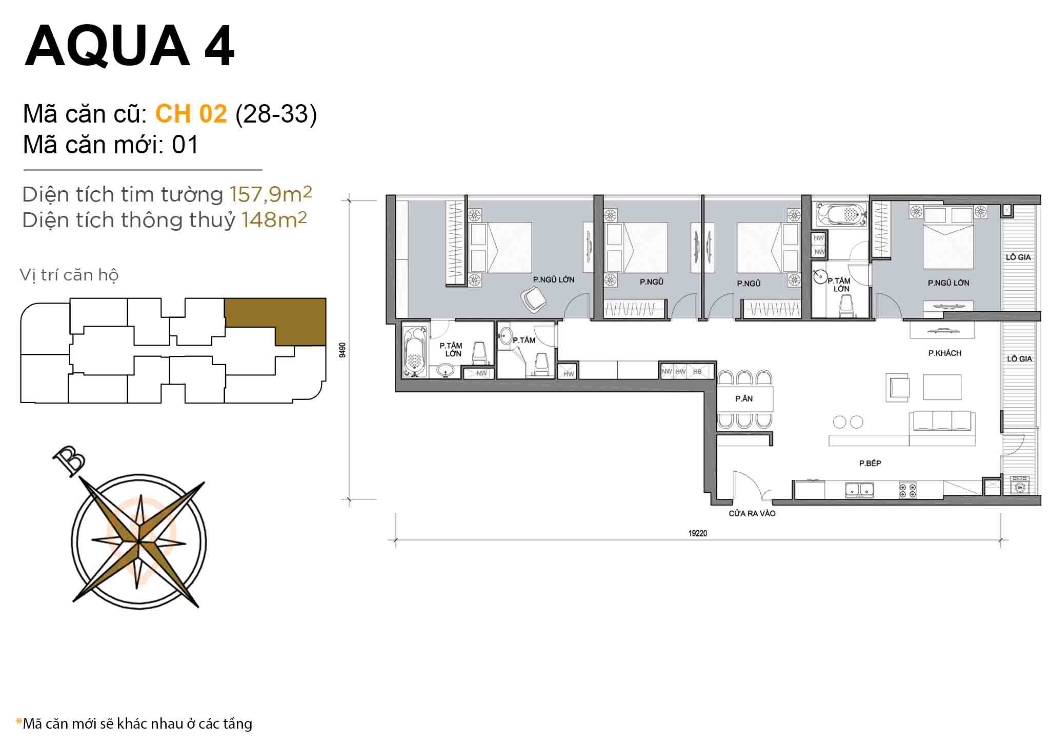 Layout CH 02 (tầng 28-33) | Tòa Aqua 4 - Vinhomes Golden River