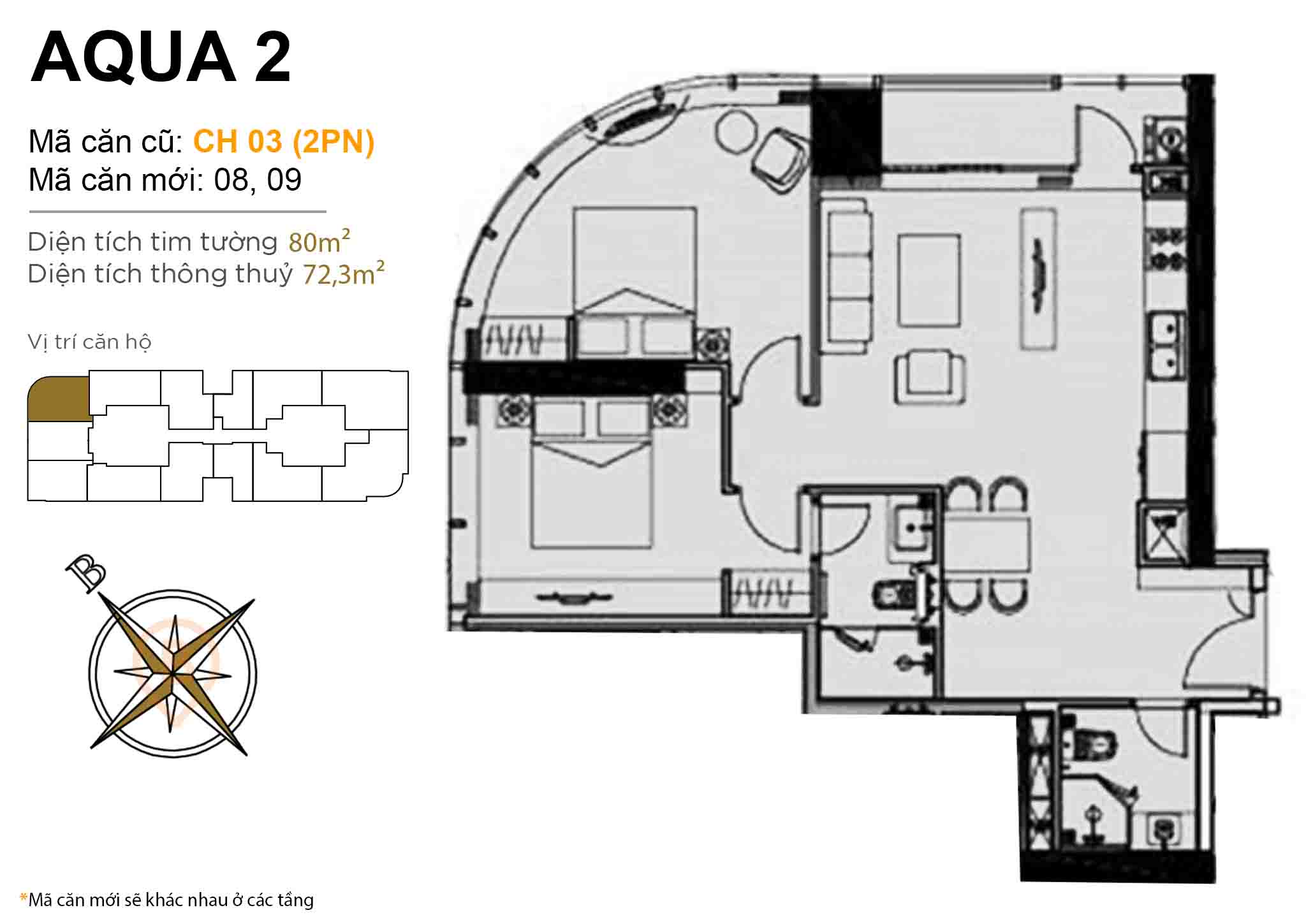 Layout CH 03 (2PN) | Tòa Aqua 2 - Vinhomes Golden River