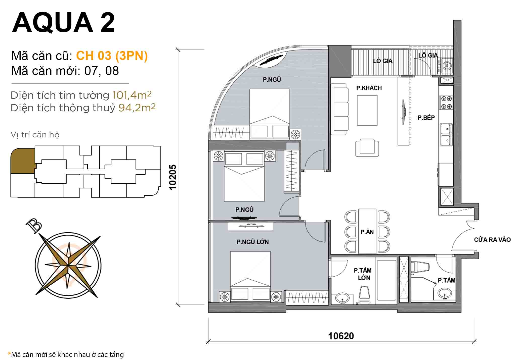 Layout CH 03 (3PN) | Tòa Aqua 2 - Vinhomes Golden River