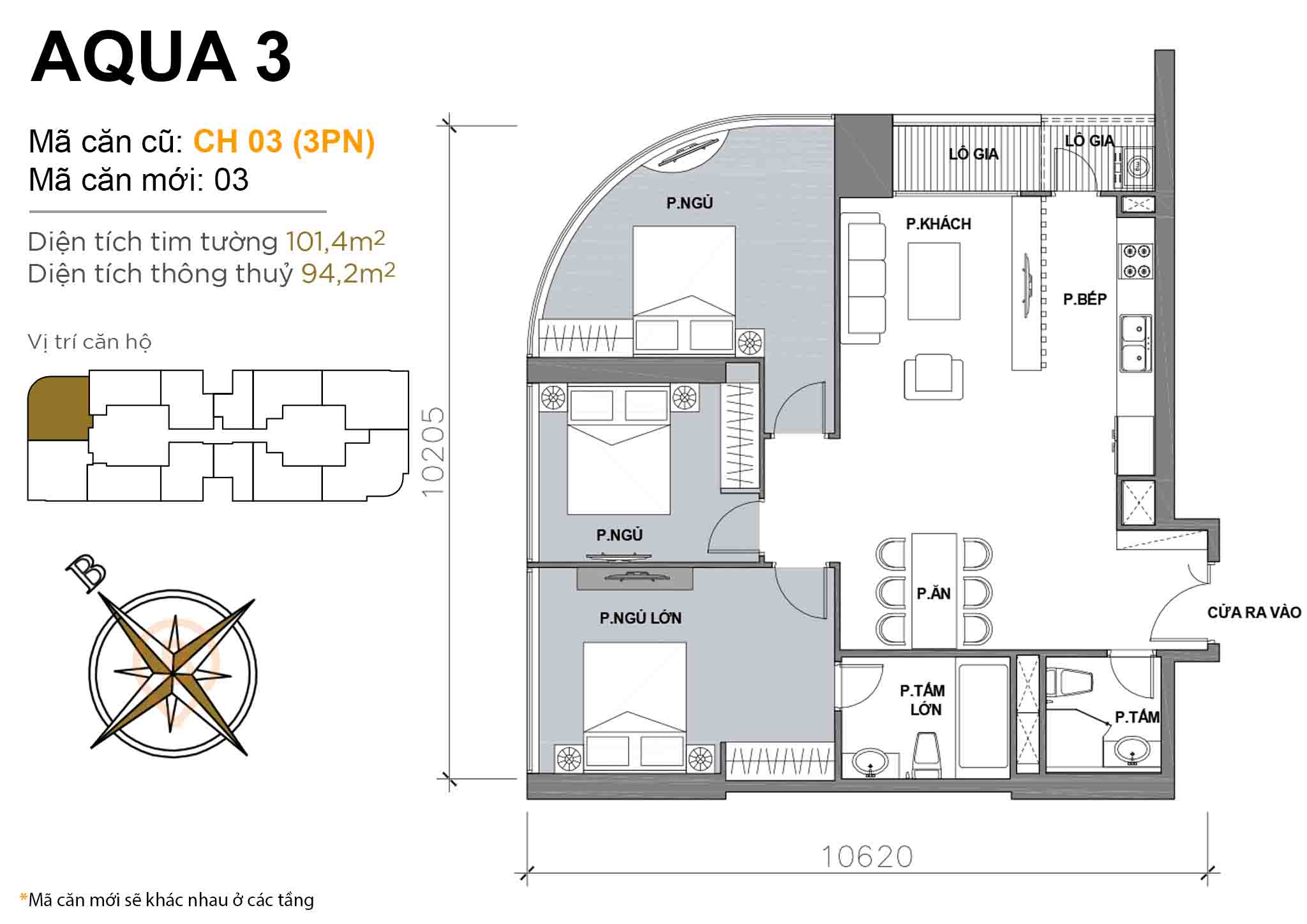 Layout CH 03 (3PN) | Tòa Aqua 3 - Vinhomes Golden River