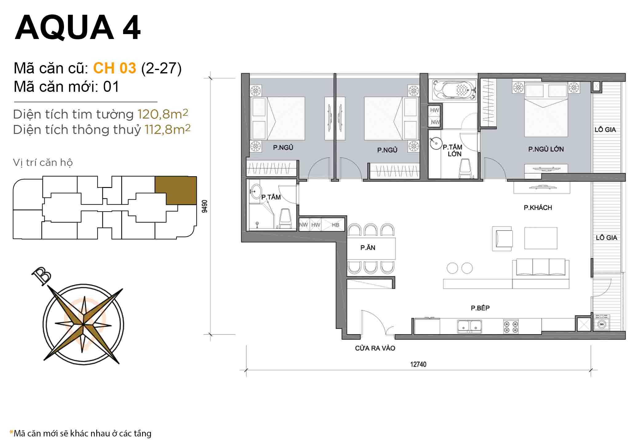 Layout CH 03 (tầng 2-27) | Tòa Aqua 4 - Vinhomes Golden River