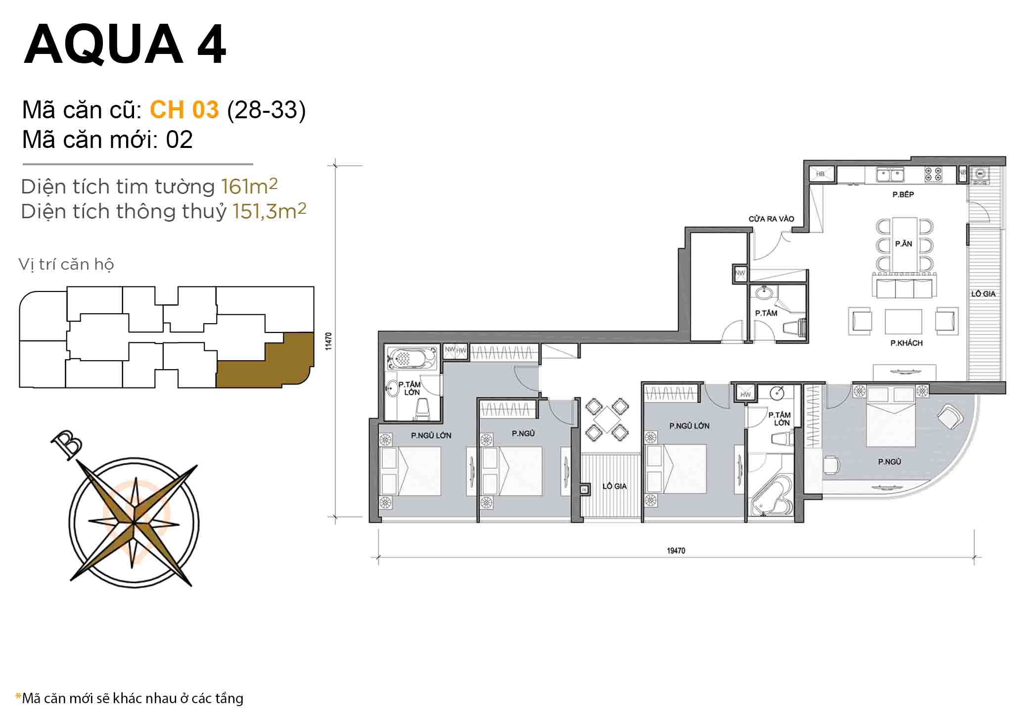 Layout CH 03 (tầng 28-33) | Tòa Aqua 4 - Vinhomes Golden River