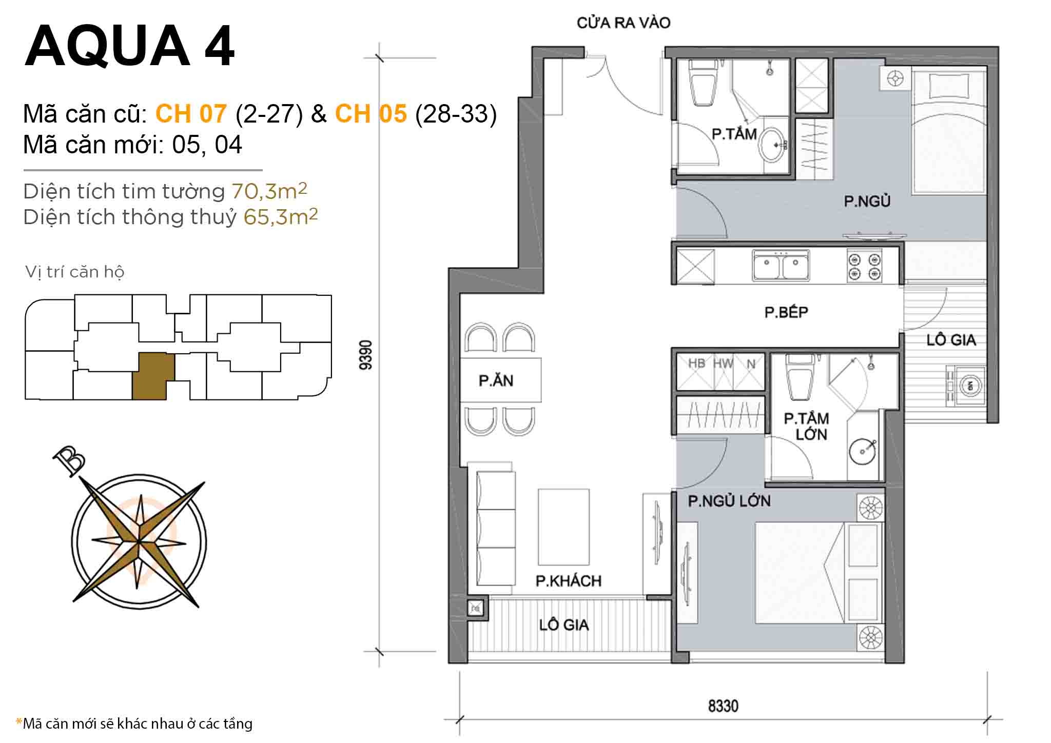 Layout CH 07 (tầng 2-27) & CH 05 (tầng 28-33) | Tòa Aqua 4 - Vinhomes Golden River