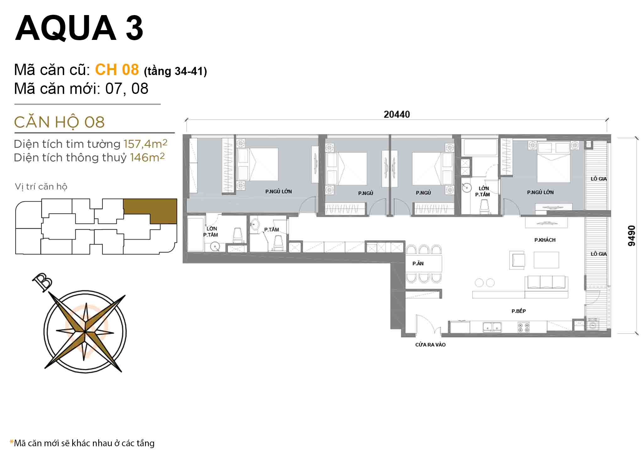 Layout CH 08 (Tầng 34-41) | Tòa Aqua 3 - Vinhomes Golden River