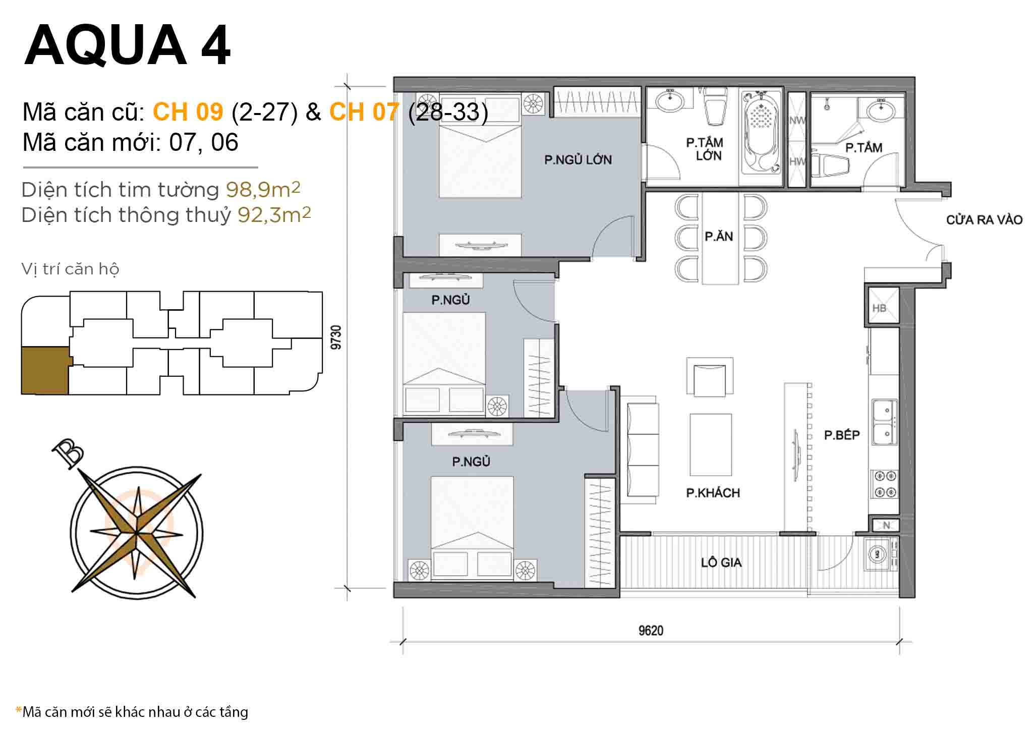 Layout CH 09 (tầng 2-27) & CH 07 (tầng 28-33) | Tòa Aqua 4 - Vinhomes Golden River