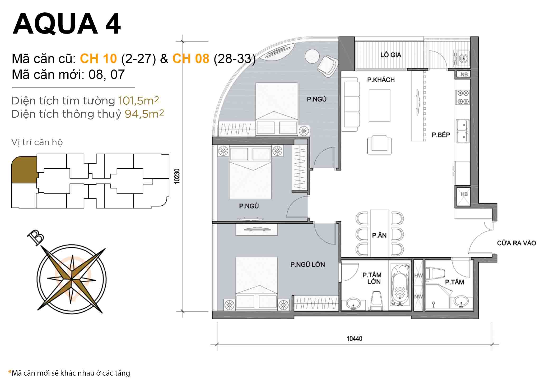 Layout CH 10 (tầng 2-27) & CH 08 (tầng 28-33) | Tòa Aqua 4 - Vinhomes Golden River