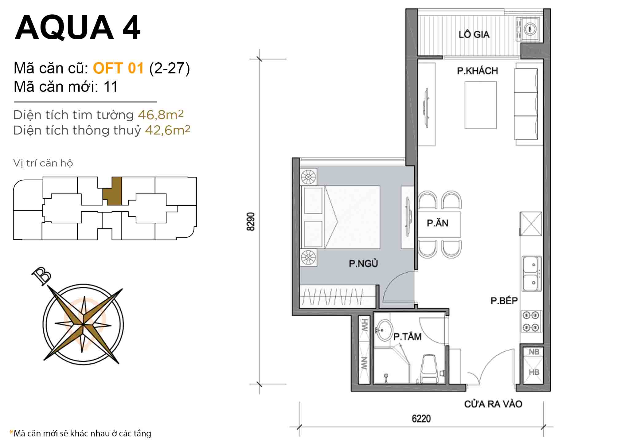 Layout OFT 01 (tầng 2-27) | Tòa Aqua 4 - Vinhomes Golden River