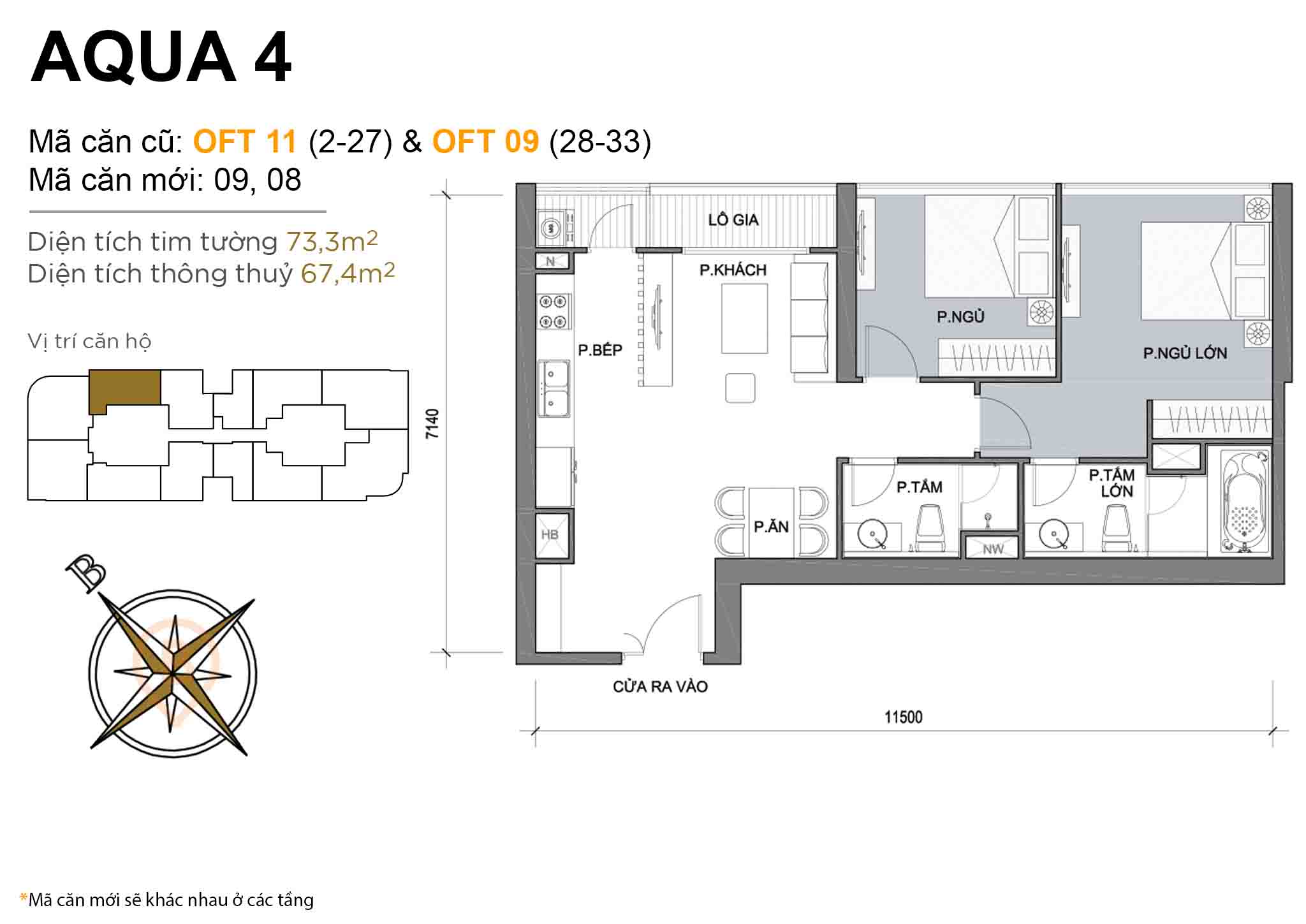 Layout OFT 11 (tầng 2-27) & OFT 09 (tầng 28-33) | Tòa Aqua 4 - Vinhomes Golden River