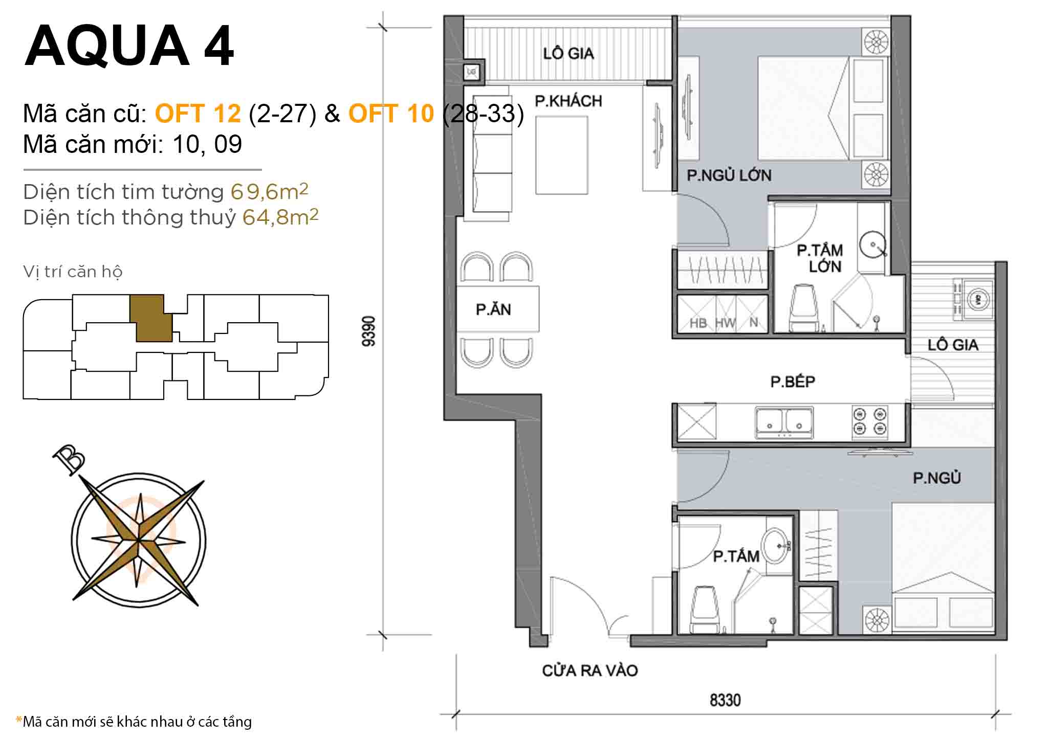 Layout OFT 12 (tầng 2-27) & OFT 10 (tầng 28-33) | Tòa Aqua 4 - Vinhomes Golden River