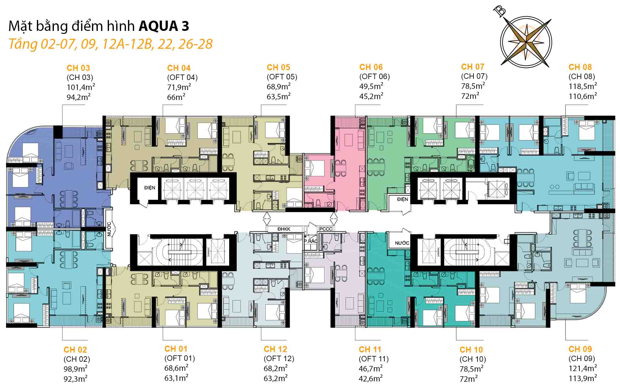 Mặt bằng Aqua 3 tầng 02-07, 09, 12A-12B, 22, 26-28 tại Vinhomes Golden River Bason, gồm 12 căn hộ/tầng với diện tích từ 42,6m² – 121,4m².