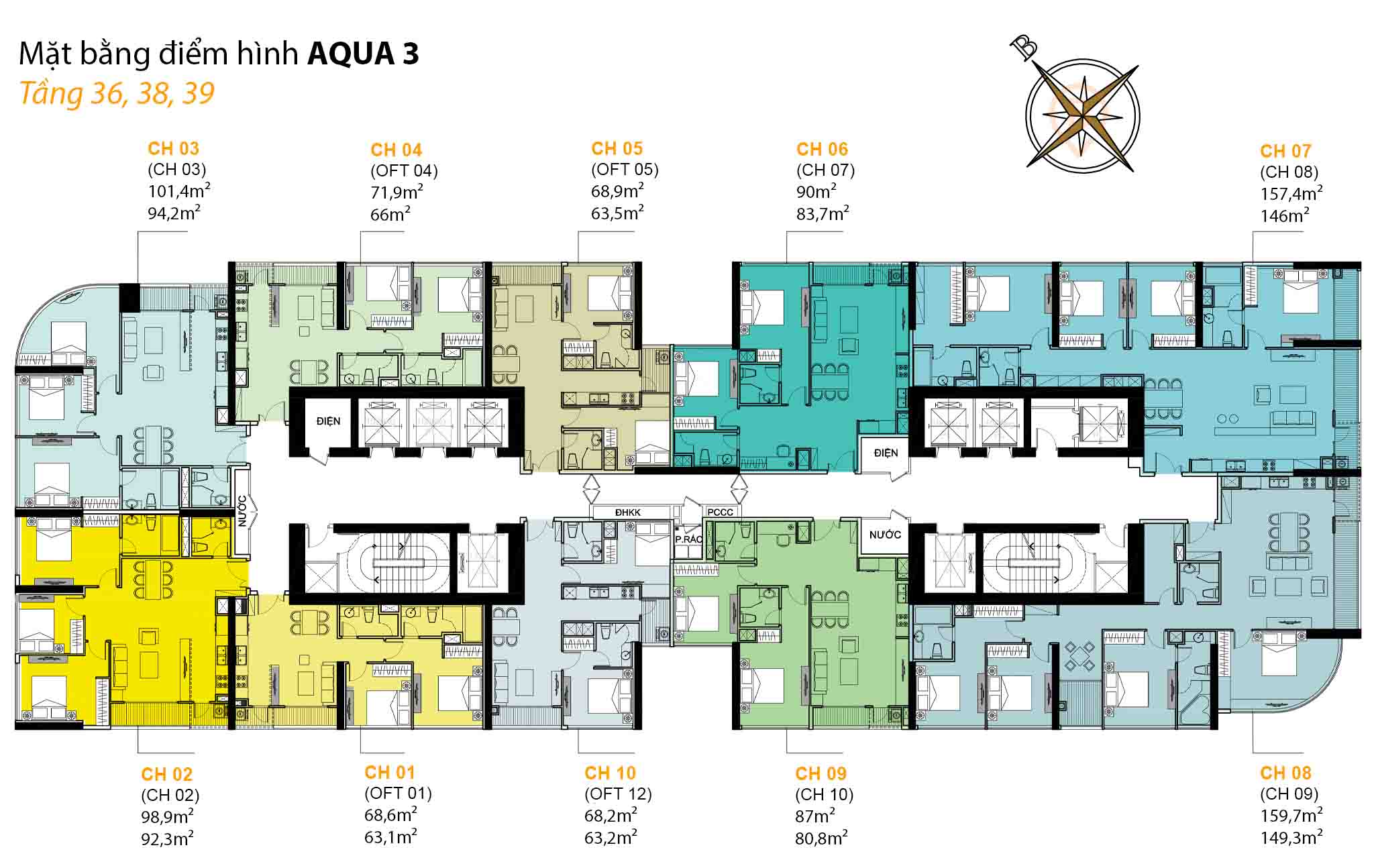 Mặt bằng Aqua 3 tầng 36, 38, 39 tại Vinhomes Golden River Bason, gồm 10 căn hộ/tầng với diện tích từ 63,1m² – 159,7m².