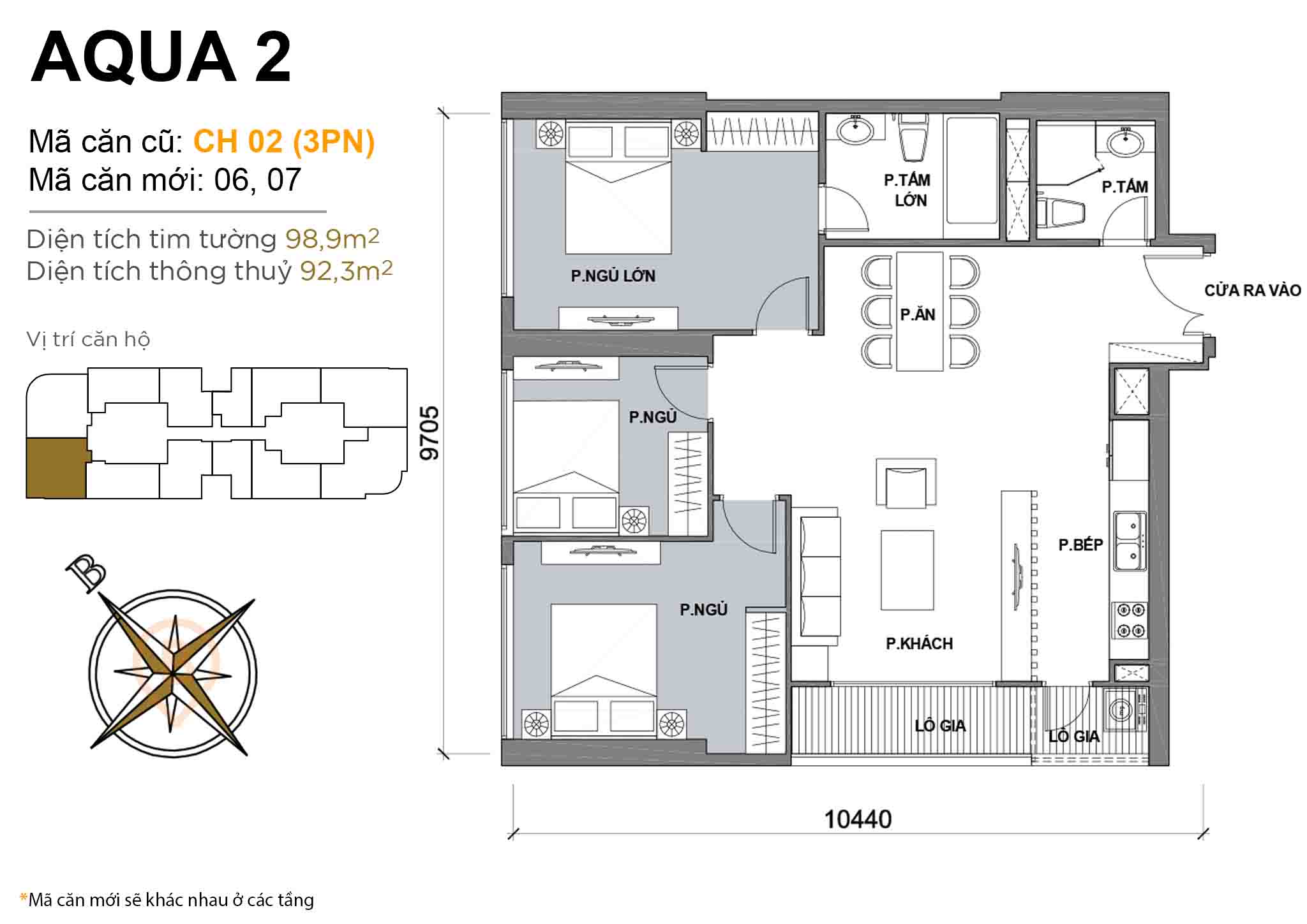 Layout CH 02 (3PN) | Tòa Aqua 2 - Vinhomes Golden River