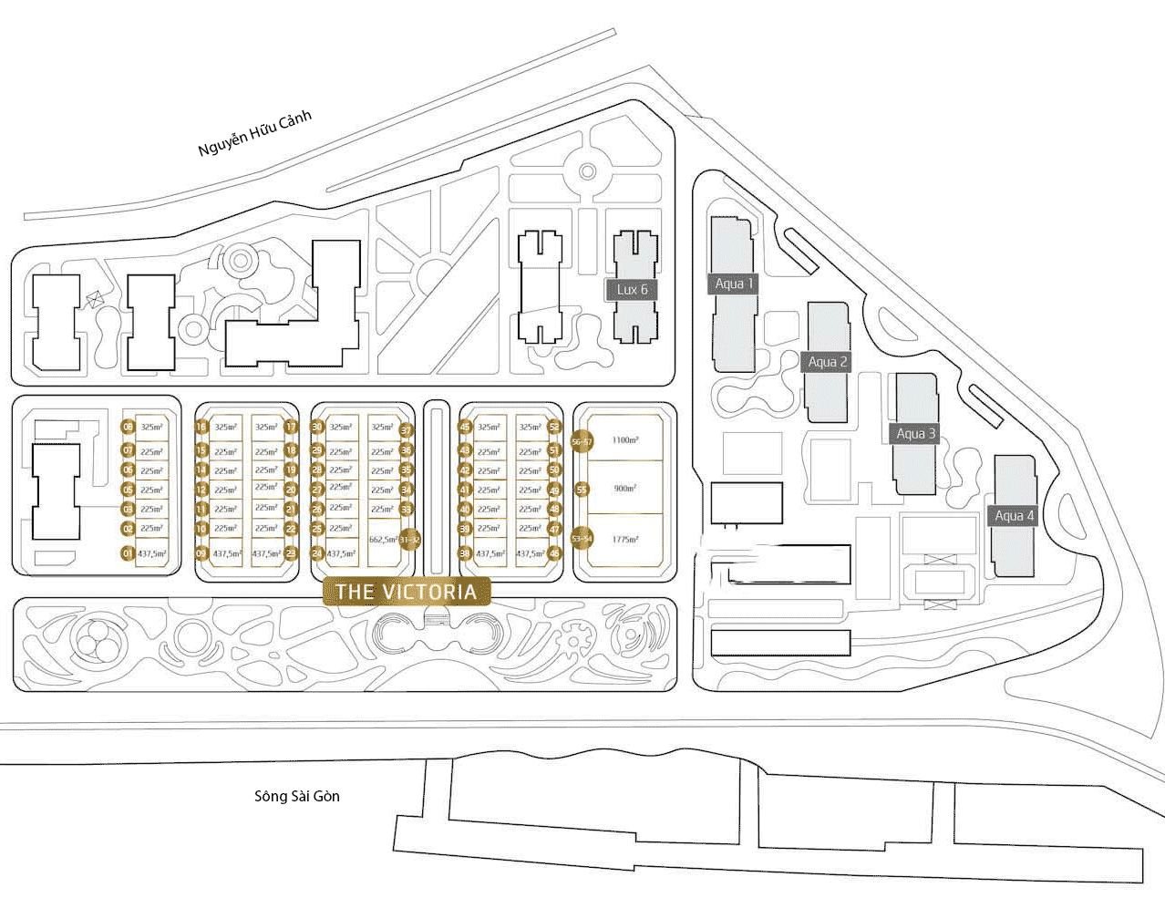Mặt bằng khu biệt thự The Victoria và các tòa căn hộ Aqua, Lux 6 tại Vinhomes Golden River Ba Son, Quận 1, TP.HCM.